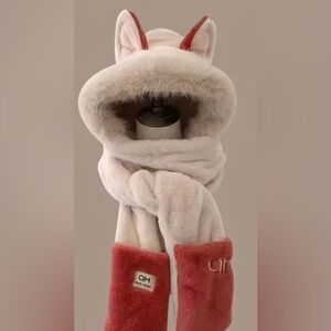 Women's Cream and Red Furry Hooded Scarf